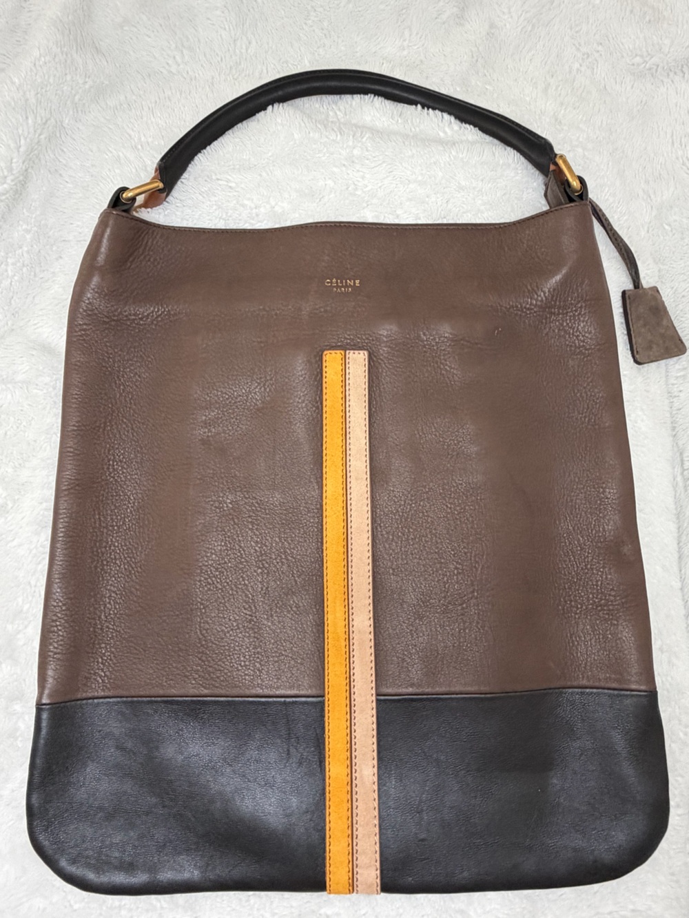 Celine Brown Leather Messenger Bag with Tan & Yellow Strap Accent